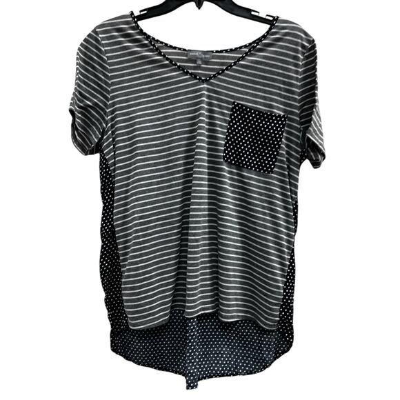 MARKET & SPRUCE Blue polka dot grey strip high low mix media coastal casual sz L - Picture 1 of 7